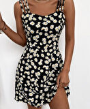 Kadın Papatya Desen Mikro Kumaş Askılı Elbise