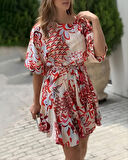 Kadın Kısa Balon Kollu Yuvarlak Yakalı Pileli Desenli Mini Elbise