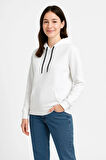 Üç İplik Kapüşonlu Kanguru Çepli SweatShirt Hoodie - Beyaz