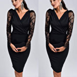 Kadın Uzun Kollu Kruvaze Yaka Kollar Tül Detay Krep Mini Boy Elbise