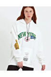 Baskılı Kapüşonlu Sweatshirt - Beyaz