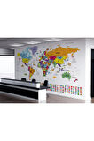 Oxyteez   Türkçe Dünya Haritası Ayrıntılı Eğitici Sembollü Bayraklı Dekoratif Duvar Kağıdı-2834 2834