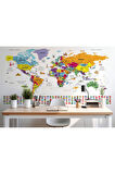 Oxyteez   Türkçe Dünya Haritası Ayrıntılı Eğitici Sembollü Bayraklı Dekoratif Duvar Kağıdı-2834 2834
