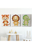 3’lü Tablo Sevimli Hayvanlar Temalı Takım Dekoratif Duvar Tablo Seti-BJ-35