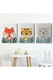 3’lü Tablo Sevimli Üç Hayvan Takımu Dekoratif Duvar Tablo Seti-BO-39