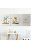3’lü Tablo Sevimli Hayvanlar Temalı Takım Dekoratif Duvar Tablo Seti-BR-42