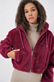 5193 Kapüşonlu Peluş Crop Ceket - Mürdüm