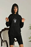 Sırt Baskılı Oversize Üç İplik Kapüşonlu Sweatshirt - Siyah