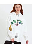 Baskılı Kapüşonlu Sweatshirt - Beyaz