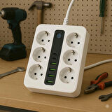 Akım Korumalı 6'lı Priz – 4 USB  1 TYPE-C Girişli, Güvenli ve Pratik Çoklu Priz, Anahtarlı Uzatma Kablosu