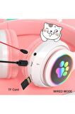 QASUL Işıklı Kulaklık Kablosuz Kedi Kulaklı Rgb Şarjlı Renkli Mikrofonlu Yüksek ışıklı Kulaklık uyumlu