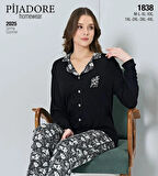 Pijadore Kadın Battal Uzun Kollu Boydan Düğmeli Pijama Takımı Siyah