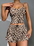Askılı Mini Şortlu Pijama Takımı Leopar Kaşkorse Fitilli