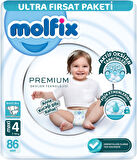 Molfix Premium Bebek Bezi Beden:4 (7-14KG) Maxi 86 Adet Ultra Fırsat Pk + 3 Adet Islak Mendil