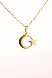 Altın Renk Ay Yıldız Çelik Kolye Kararmaz Paslanmaz Çelik Anlamlı ve Şık (Unisex)