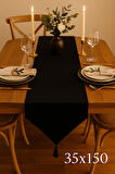 Lüks Keten Siyah Runner Masa Örtüsü Rustik Şık Püsküllü Dekoratif Masa Örtüsü 35x150 cm
