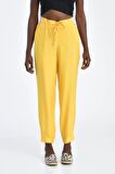 Bağcıklı Belden ve Bilekten Lastikli Sarı Kadın Pantolon