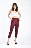 Belden Lastikli Bordo Bilek Ekose Kadın Pantolon