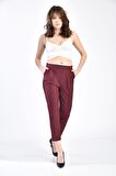 Belden Lastikli Bordo Bilek Ekose Kadın Pantolon