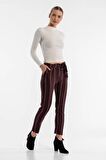 Kuşaklı Çizgili Gül Kurusu Bilek Kadın Pantolon