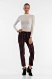 Kuşaklı Çizgili Gül Kurusu Bilek Kadın Pantolon