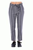 Kuşaklı Gri Çizgili Bilek Kadın Pantolon