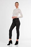 Kuşaklı Çizgili Siyah Bilek Kadın Pantolon