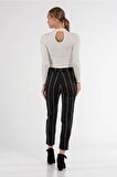 Kuşaklı Çizgili Siyah Bilek Kadın Pantolon