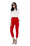 Yüksek Bel Tokalı Kırmızı Bilek Kadın Pantolon