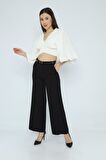 Geniş Paça Kemerli Siyah Kadın Pantolon