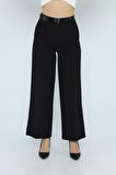 Geniş Paça Kemerli Siyah Kadın Pantolon