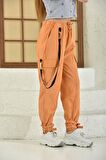 Belden Lastikli Cepli ve Bağcıklı Turuncu Kadın Kargo Pantolon