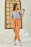 Belden Lastikli Cepli ve Bağcıklı Turuncu Kadın Kargo Pantolon