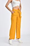 Belden Lastikli Kuşaklı Bol Paça Hardal Keten Kadın Pantolon