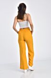 Belden Lastikli Kuşaklı Bol Paça Hardal Keten Kadın Pantolon
