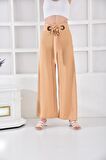 Halkalı Bol Paça Bağcıklı Camel Keten Kadın Pantolon