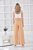 Halkalı Bol Paça Bağcıklı Camel Keten Kadın Pantolon