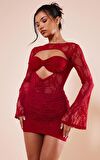 Kırmızı Şeffaf Dantelli İspanyol Kollu Bodycon Elbise
