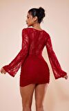 Kırmızı Şeffaf Dantelli İspanyol Kollu Bodycon Elbise