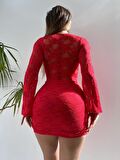 Kırmızı Şeffaf Dantelli İspanyol Kollu Bodycon Elbise