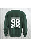 98 BKLYN Yazı Baskılı Unisex Bisiklet Yaka Sweatshirt Kalın Kumaş 3 İplik