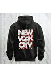 NYC Brooklyn Baskılı Kapüşonlu Sweatshirt Hoodie Yünlü Kalın Kumaş 3 İplik Şardonlu