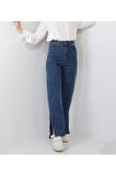 2035 Kadın Likralı Yanı Yırtmaçlı Bol Paça Jeans Kot Denim Pantolon