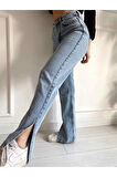 2035 Kadın Likralı Yanı Yırtmaçlı Bol Paça Jeans Kot Denim Pantolon