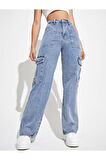 2090 Kadın Likrasız Kargo Cepli Bol Paça Jeans Kot Denim Pantolon