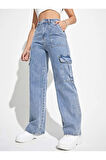 2090 Kadın Likrasız Kargo Cepli Bol Paça Jeans Kot Denim Pantolon