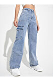 2090 Kadın Likrasız Kargo Cepli Bol Paça Jeans Kot Denim Pantolon