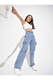2090 Kadın Likrasız Kargo Cepli Bol Paça Jeans Kot Denim Pantolon
