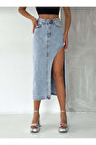 2094 Kadın Likrasız Yandan Yırtmaçlı Jeans Kot Denim Etek