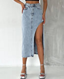 2094 Kadın Likrasız Yandan Yırtmaçlı Jeans Kot Denim Etek - Kar